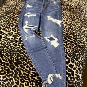 American Eagle Outfitters Blue Skinny Jeans with Distressed Details